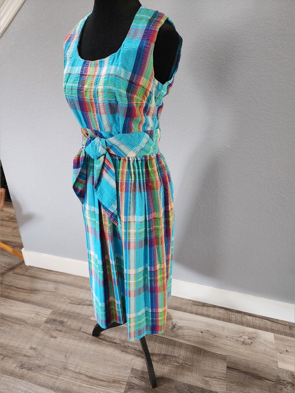 Bright Turquoise Vintage Plaid Sleeveless Belted Dress